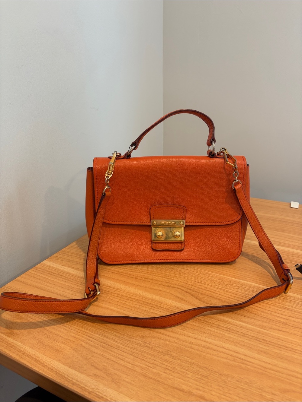Miu Miu Orange Grained Leather Madras Handbag
